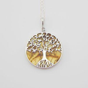 Natural Baltic Lemon Amber Tree of Life Pendant Necklace in s925